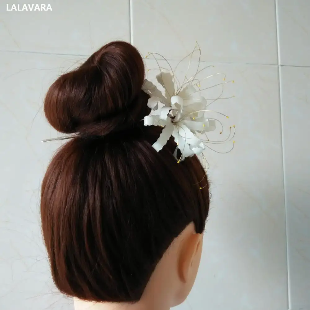 LALAVARA ручной работы белые семена лилии красный паук kanzashi Свадебные updo булочки шпильки для волос женские повседневные Хан фу аксессуары для волос