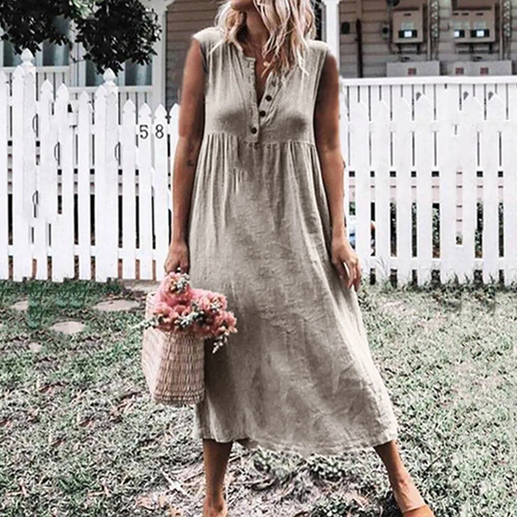Женское платье без рукавов однотонное пляжное макси из льна с v образным вырезом