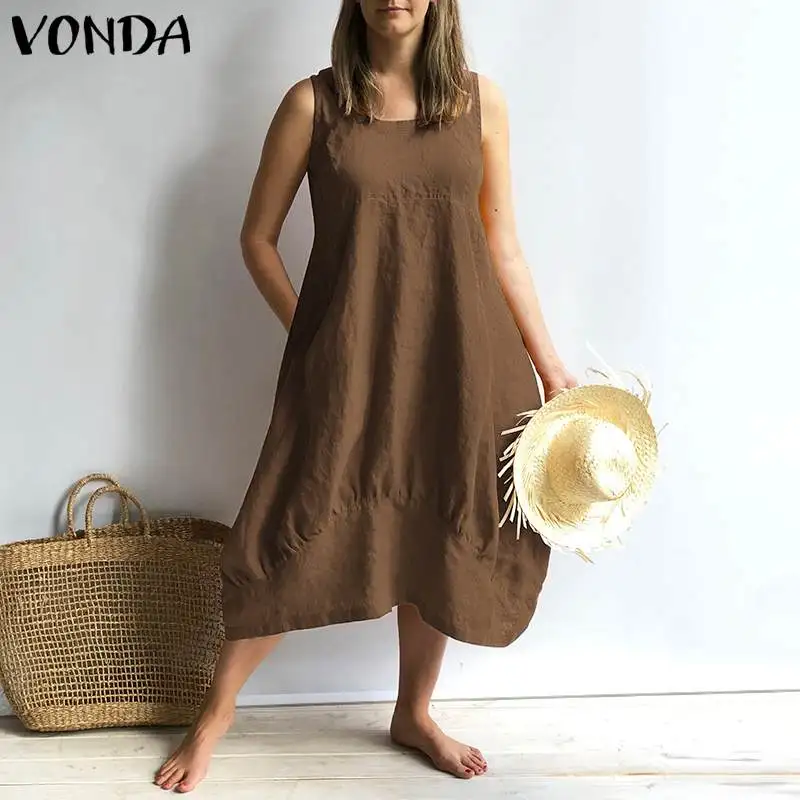 VONDA женское платье летнее сексуальное хлопковое платье без рукавов с квадратным вырезом винтажный сарафан свободного покроя размера плюс Vestidos