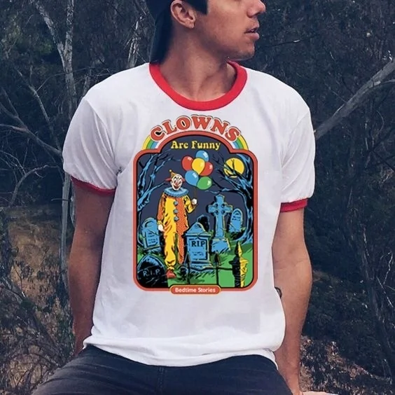 

fashionshow-JF Clowns Are Funny Ringer T-Shirt Unisex 70s Retro Style Funny Tee Hipsters Cute Summer Tops Halloween