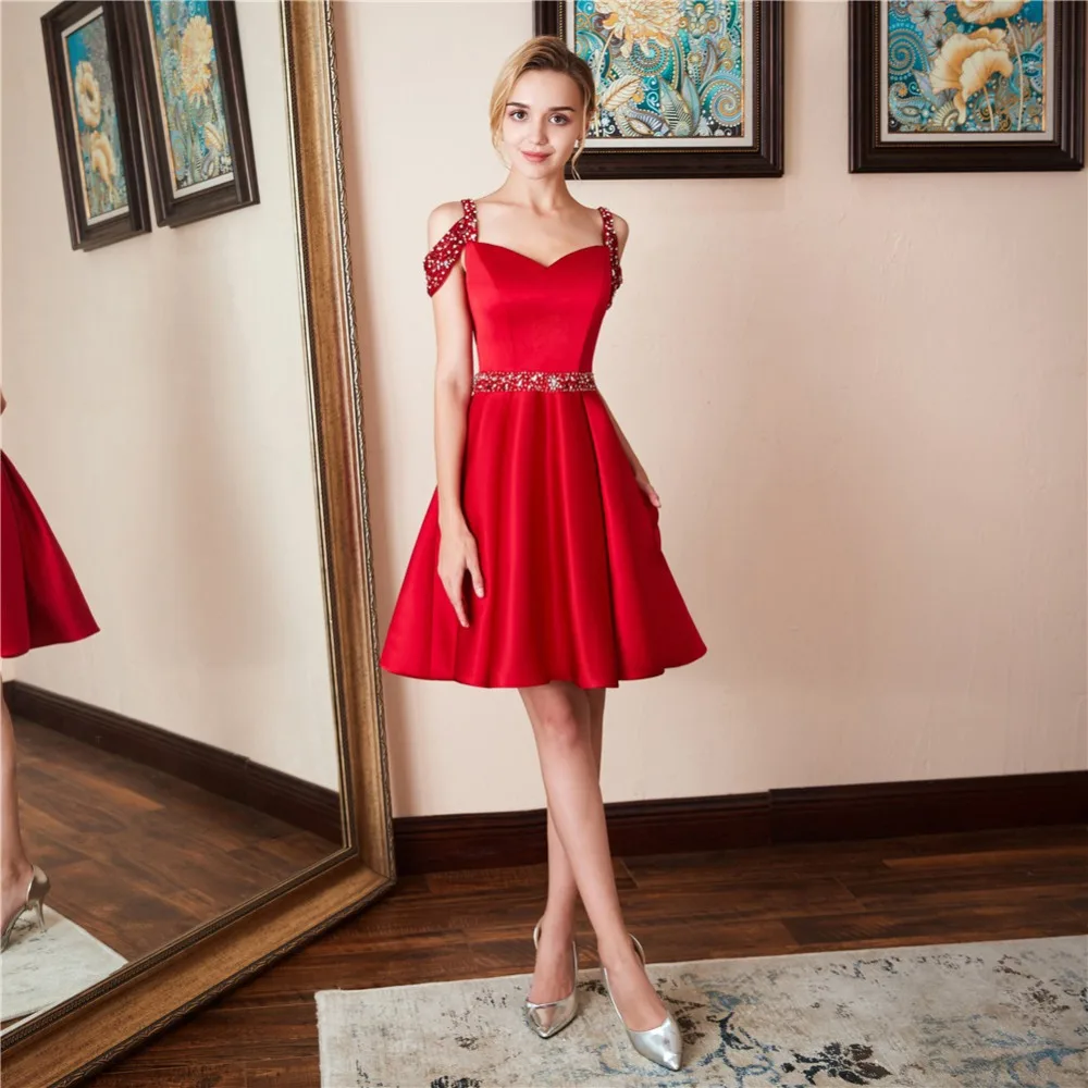 

Женское вечернее Платье До Колена, красное элегантное платье-трапеция с бусинами для выпускного вечера, хит продаж, 2019