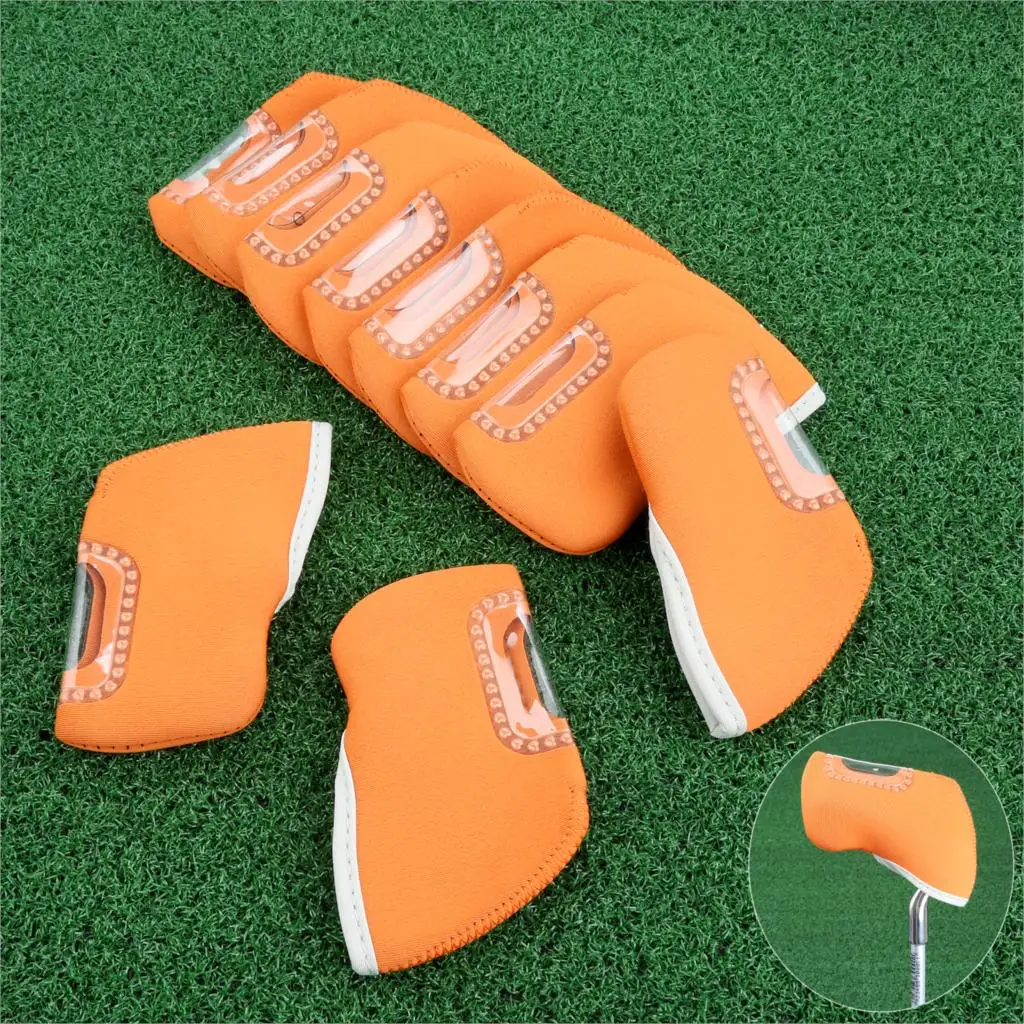 Orange 10 шт./компл. неопреновый чехол для головки клюшки для гольфа чехлы с прозрачной Пластик смотровым окошком для металлическая головка Защитные чехлы для головки 9-Цвета - Цвет: Orange