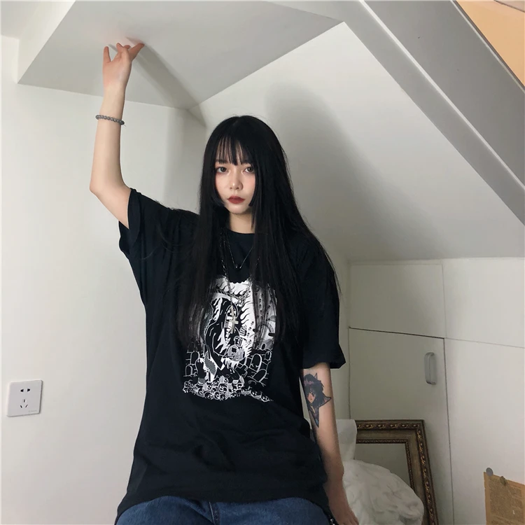 Фото Harajuku женские принтованные винтажные футболки с коротким рукавом Свободные 2019 Harajuku женские принтованные винтажные футболки с коротким рукавом Свободные 2019