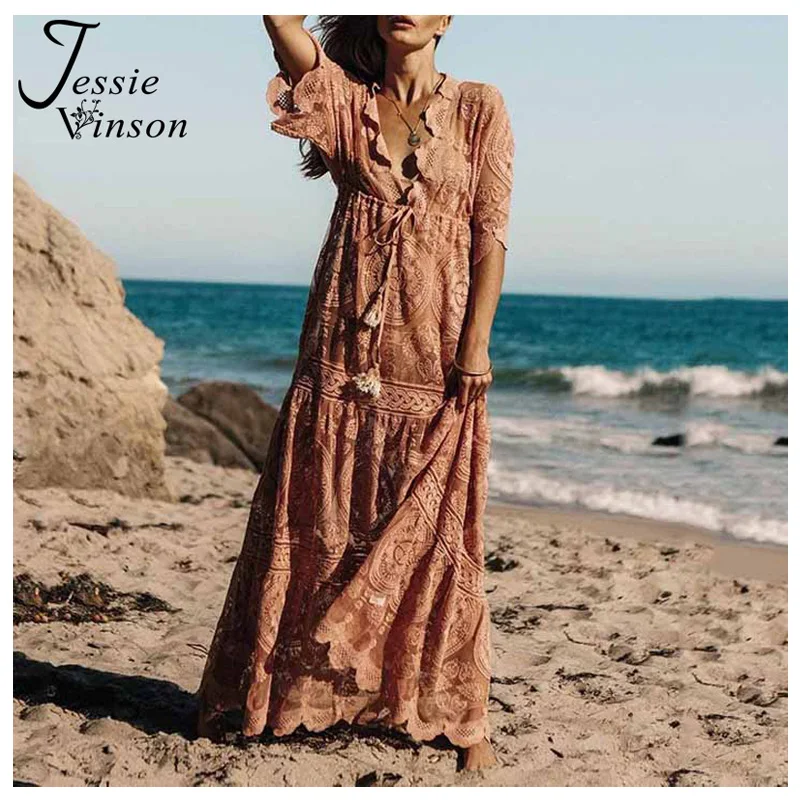 Женское кружевное платье макси Jessie Vinson длинное прозрачное платье-накидка с
