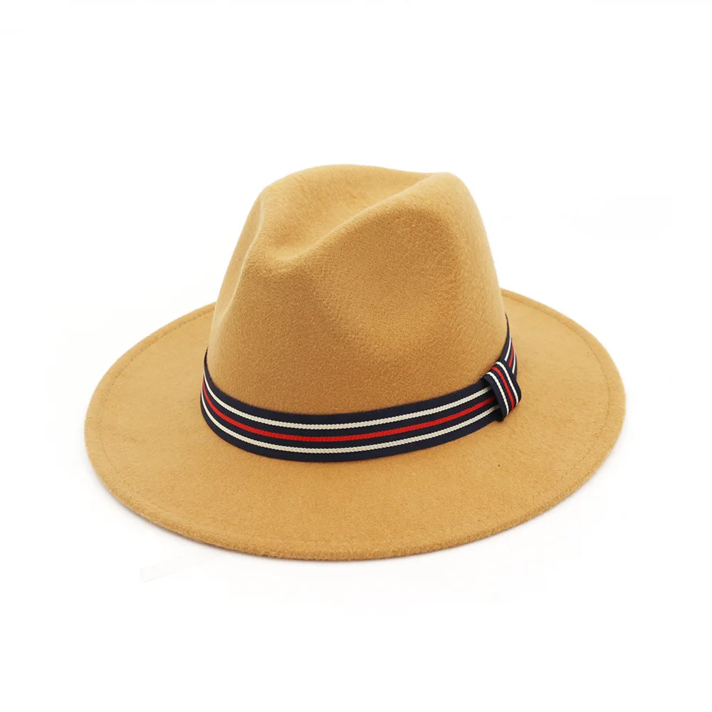 Шерстяная фетровая шляпа Панама Trilby Jazz Fedoras Шляпы с цветным поясом с плоскими полями для торжественных вечеринок топ шляпа для женщин мужчин унисекс - Цвет: Camel