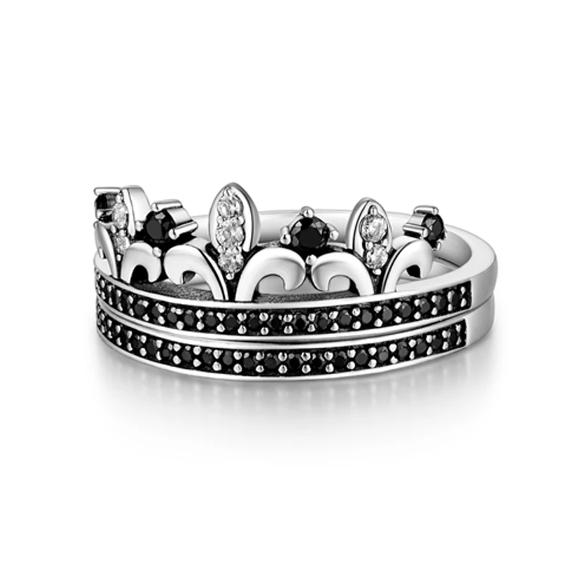 925 Серебряное кольцо Принцесса Корона с черным прозрачным кристаллом двойное
