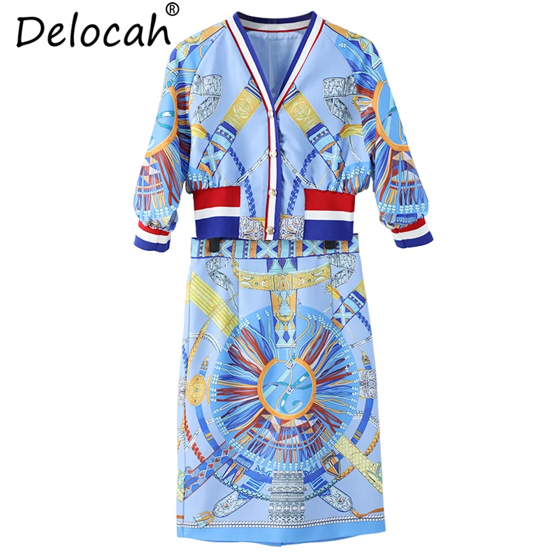 Delocah осенний Женский комплект модный дизайнерский костюм сексуальный v-образный вырез винтажный принт рыбий хвост тонкая юбка комплект из двух предметов женский костюм
