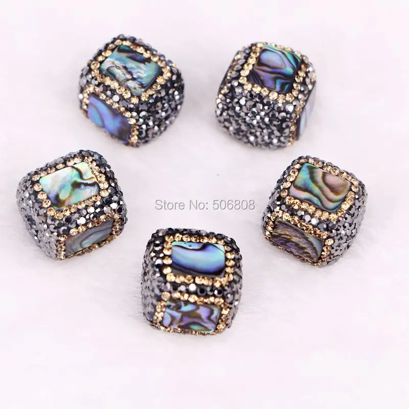 

12PCS Square Abalone Paua Shell Beads With Gold & Black Rhinestones - Rainbow Shell Rhinestone Beads