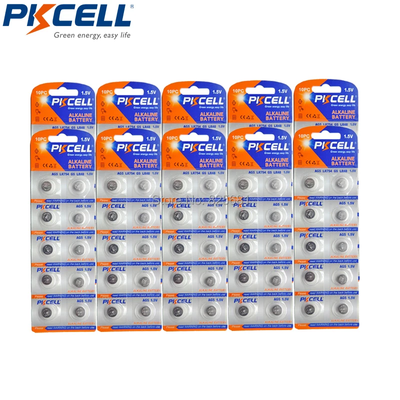 100 шт. щелочные кнопочные батарейки PKCELL AG5 10 карт LR48 193 754 1 5 В 60 мАч для часов