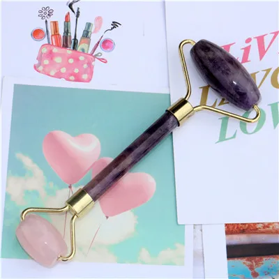 Amethyst Rose Quartz Ролики для лица из натурального розового кварца с двойной головкой, кристаллическим камнем, ролики для тела и шеи, инструменты для ухода за кожей, массажер для лица для женщин - Цвет: Amethyst Rose Quartz