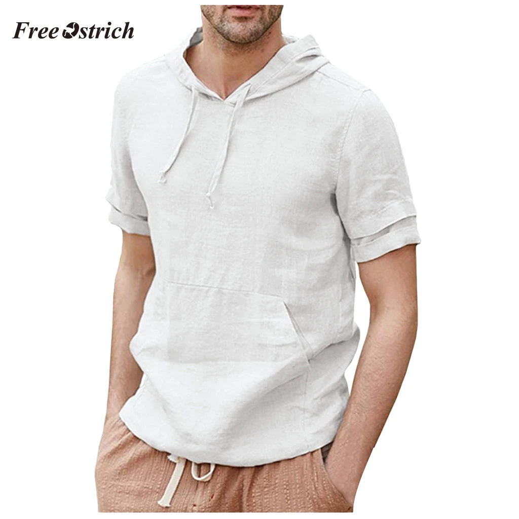 Свободные Страусиные мужские рубашки льняные пуловеры с капюшоном Повседневный Легкий пуловер с короткими рукавами толстовки мужские летние уличные с капюшоном 73