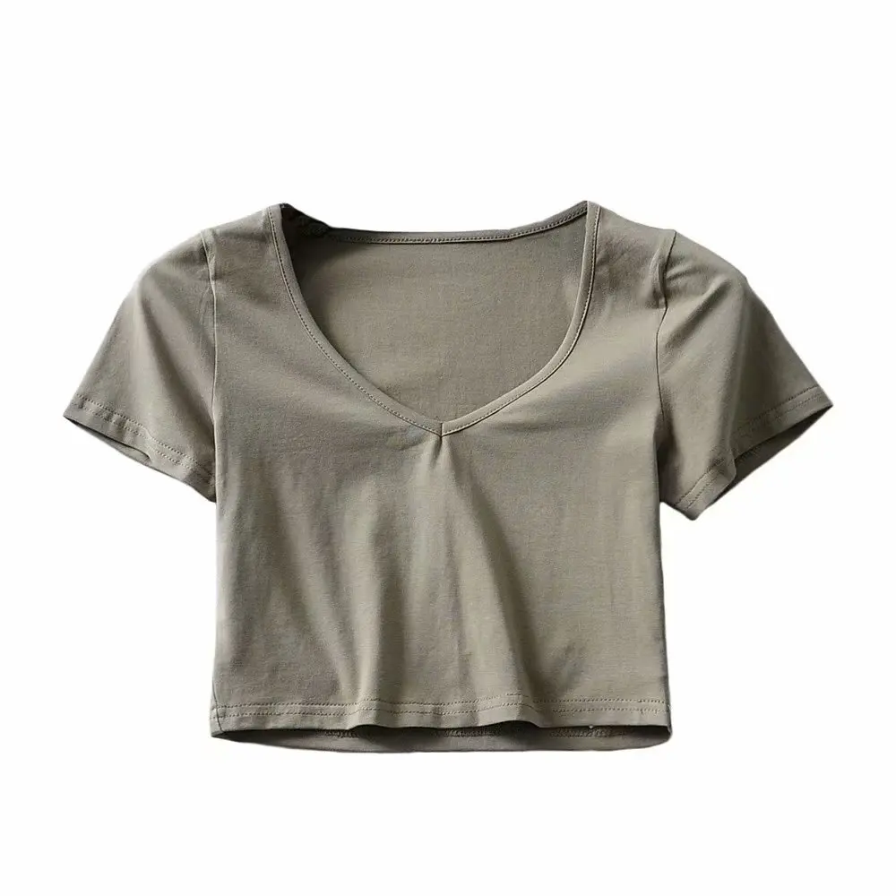 BRADELY MICHELLE crop tops для сексуальных женщин Лето Женский Чистый хлопок v-образный вырез короткий рукав однотонная эластичная блузка - Цвет: Армейский зеленый