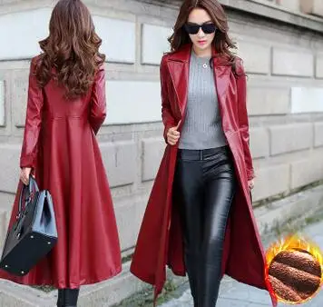 wine red velvet Женская элегантная куртка из искусственной кожи на одной пуговице с поясом, Длинная кожаная куртка, модное женское пальто, бархатная кожаная куртка для женщин TT3236 - Цвет: wine red velvet