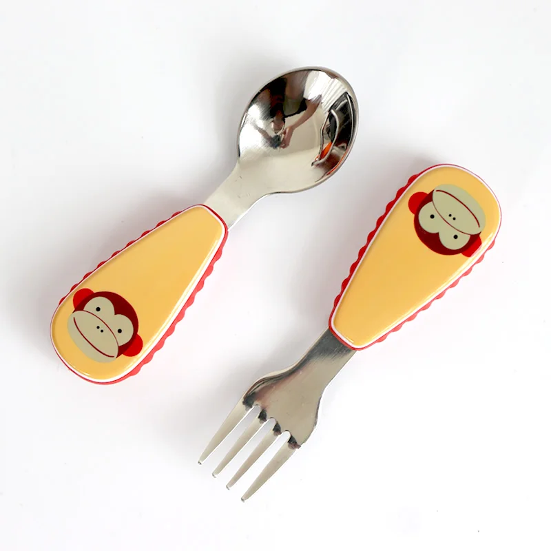 Monkey Kids Spoon Children Stainless Steel Fork Case Portable Safety Baby Feeding Utensils Training Dinnerware 2pcs/ Set - Цвет: Monkey