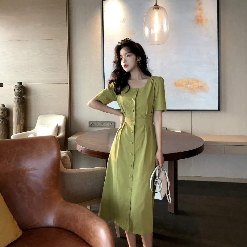 Women Summer Long Shirt Dress with Buttons Ladies Slim Waist a Line Elegant Vestidos Belt Casual Green Robe Femme Sukienki | Женская