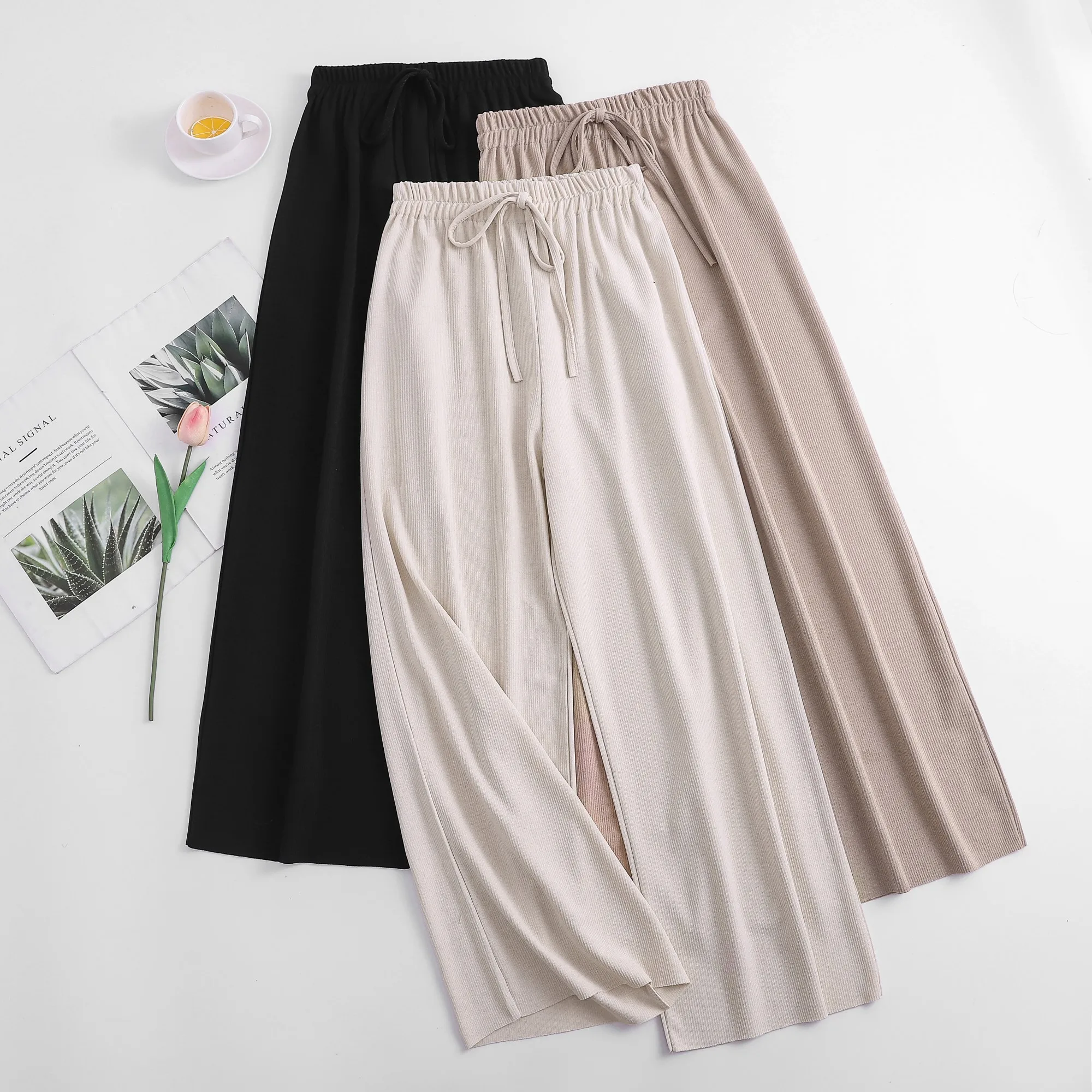 Womem wide leg pants fashion female vintage elegant elastic waist thin meryl knitted pant casual trousers 2019 summer autumn | Женская