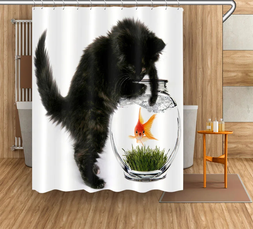 

Black Cat Catch Goldfish Modern Bath Waterproof Curtain Polyester Fabric Shower Curtain 12 Hooks For Mildewproof Bathroom Decor