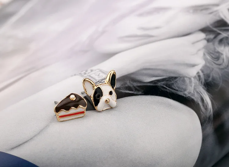 Милые серьги-гвоздики в форме французского бульдога и торта для девочек из