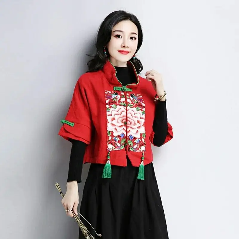 Женские китайские Топы Hanfu ретро винтажная рубашка с вышивкой Этнические женские
