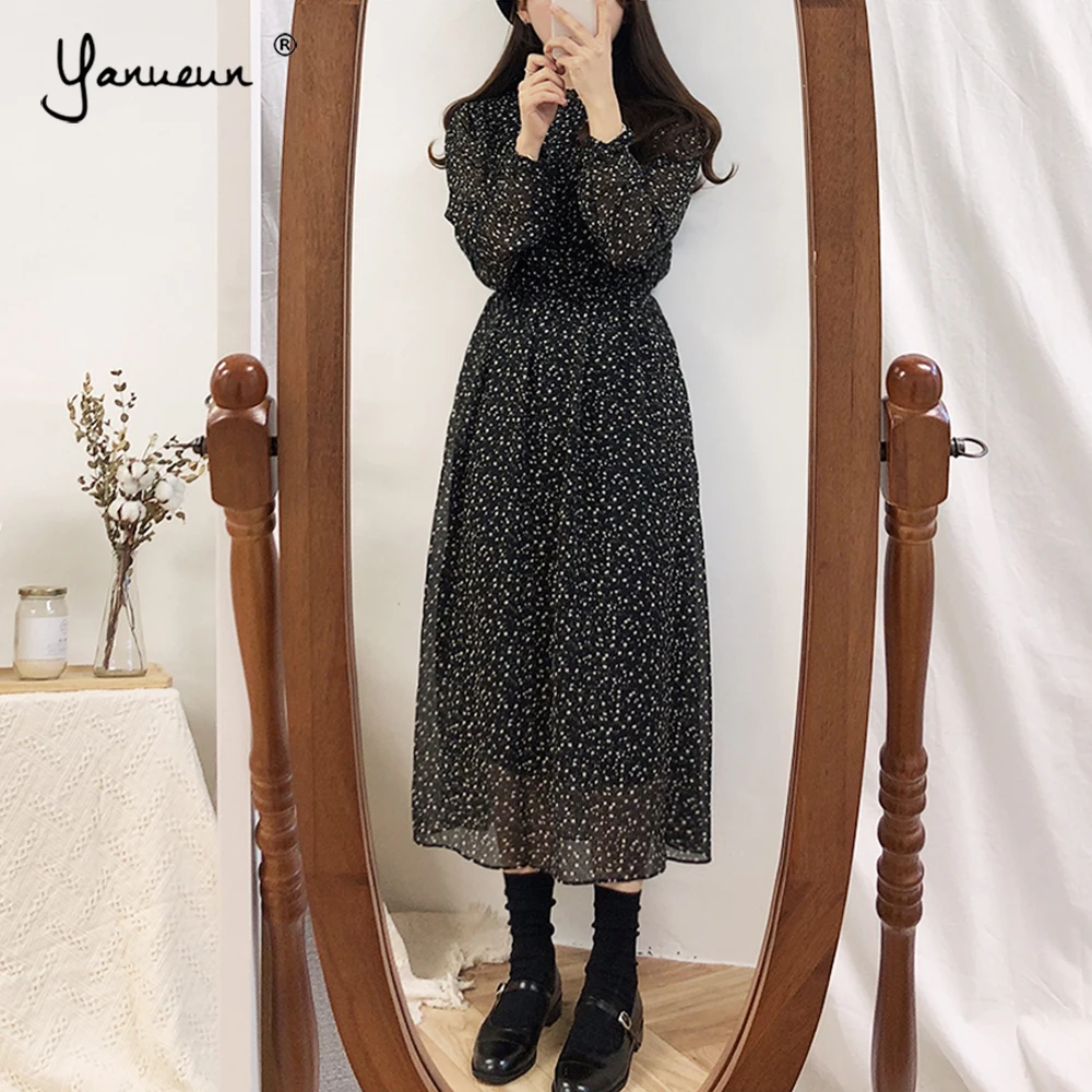 Yanueun 2019 Весна Лето Горячая стильная Цветочная Печать платья с длинным рукавом
