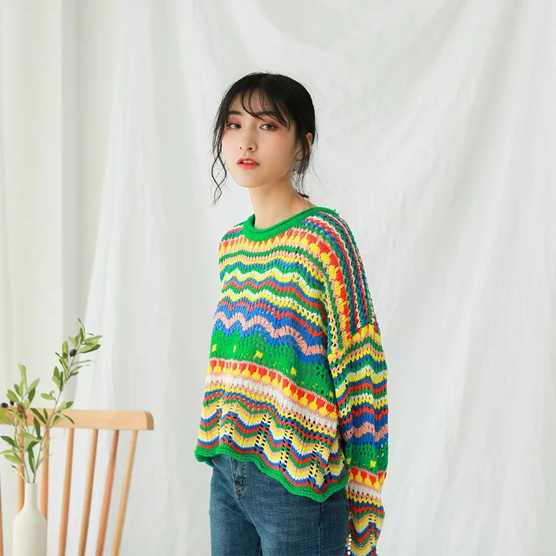 2018 Korean New Autumn Winter Sweaters Woman Vintage Hit Color Stripe Loose Pullover Sweater Female Casual Jumpers | Женская одежда