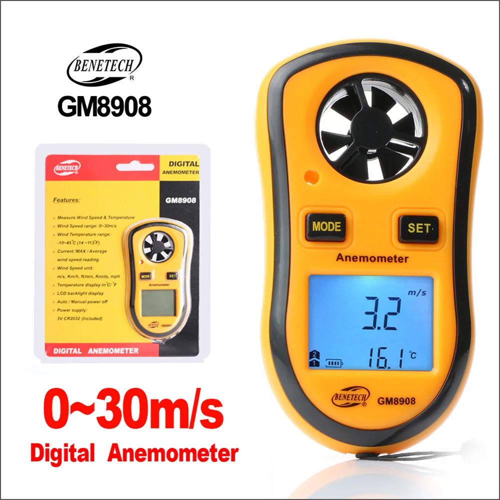 Bentech Anemômetro Digital Gm8908 030 m s Medidor de Velocidade do ar Temperatura e Velocidade do Vento Instrumentos de medição de velocidade