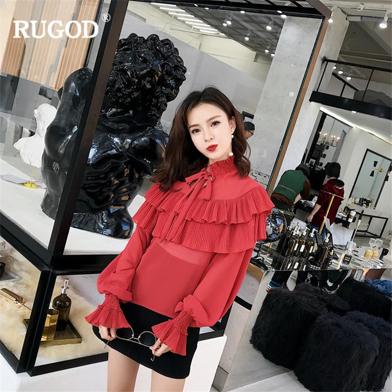 RUGOD 2018 весна-осень женский топ и блузка милый галстук длинный рукав с рюшами