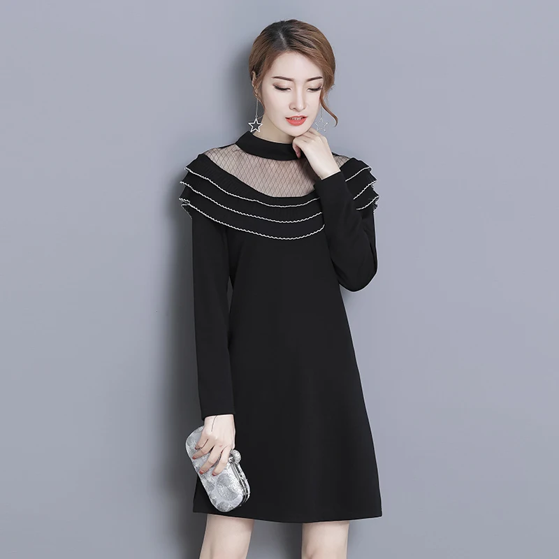 Плюс Размеры Весна сетки шить оборками платье трапециевидной формы дамы 2018 новый