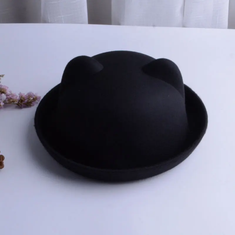 black ear hat Детские фетровые шляпы для мальчиков и девочек; детская фетровая шляпа; шерстяные фетровые шляпы для мальчиков и девочек; фетровая шляпа-котелок - Цвет: black ear hat