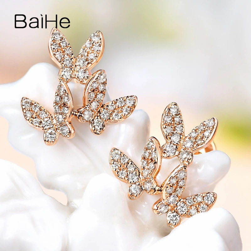 BAIHE Solid 14 K розовое золото H/SI 0.28ct круглые натуральные Алмазы обручальные модные ювелирные изделия элегантные серьги-гвоздики