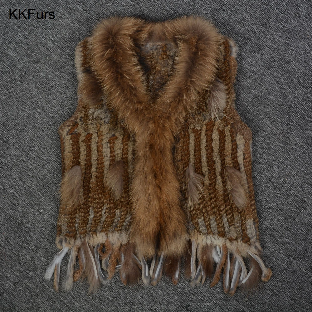 JKKFURS 2021 женский жилет из натурального кроличьего меха Воротник енота зимний