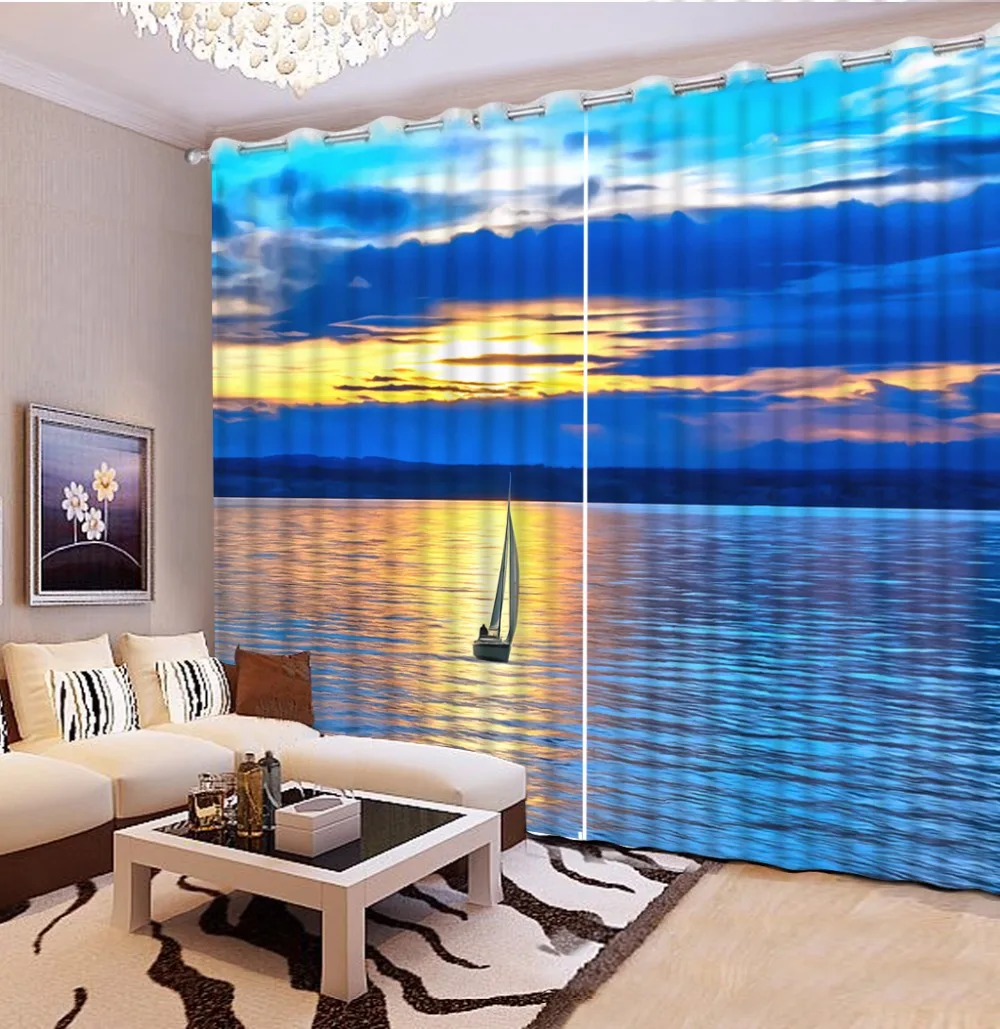 3D Curtain Printed Sunset And Sea Boat Scenery Bathroom Shower Custom Any Size Blackout | Дом и сад
