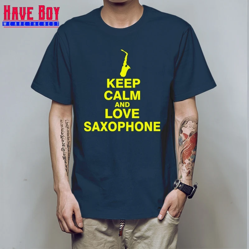 У мальчика Для мужчин футболка новые саксофон хлопок короткий рукав Keep Calm And Love