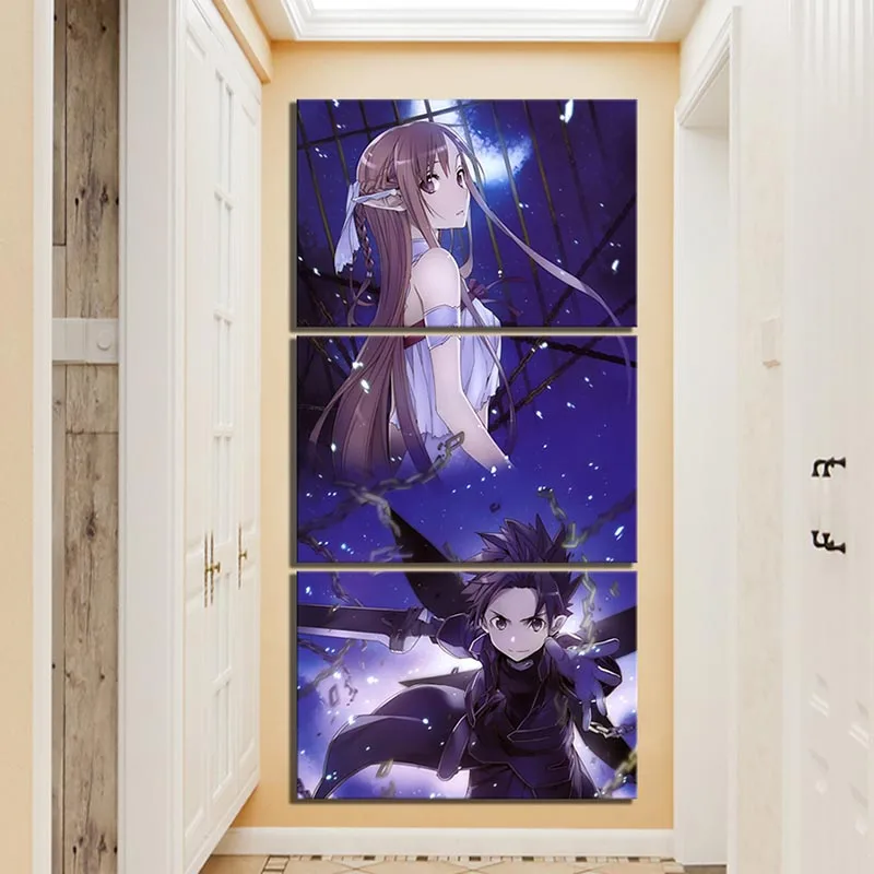 Home Decor Canvas Printed HD 3 Piece Anime Sword Art Online Painting Modular Picture Role Boys Girls Room Poster Framed Wall | Дом и сад