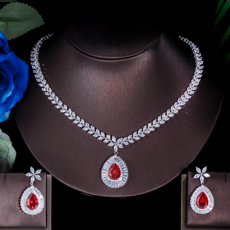 ThreeGraces Классический CZ камень горячий красный Хрустальный цветок большая капля воды серьги ожерелье свадебный набор украшений для женщин JS174