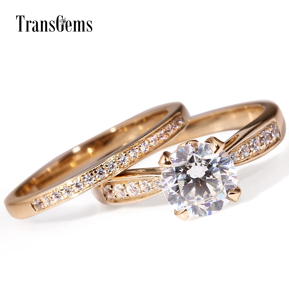 TransGems Твердые 14 к 585 Желтое золото 1ct 6,5mm F Цвет обручальное кольцо набор колец для Для женщин свадебные 2 шт. из атласа набор колец