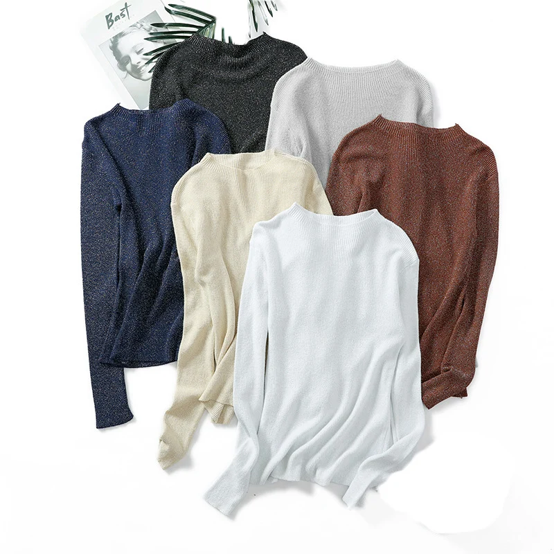 Женский свитер с длинным рукавом серый черный круглым вырезом на осень и зиму 2019 |