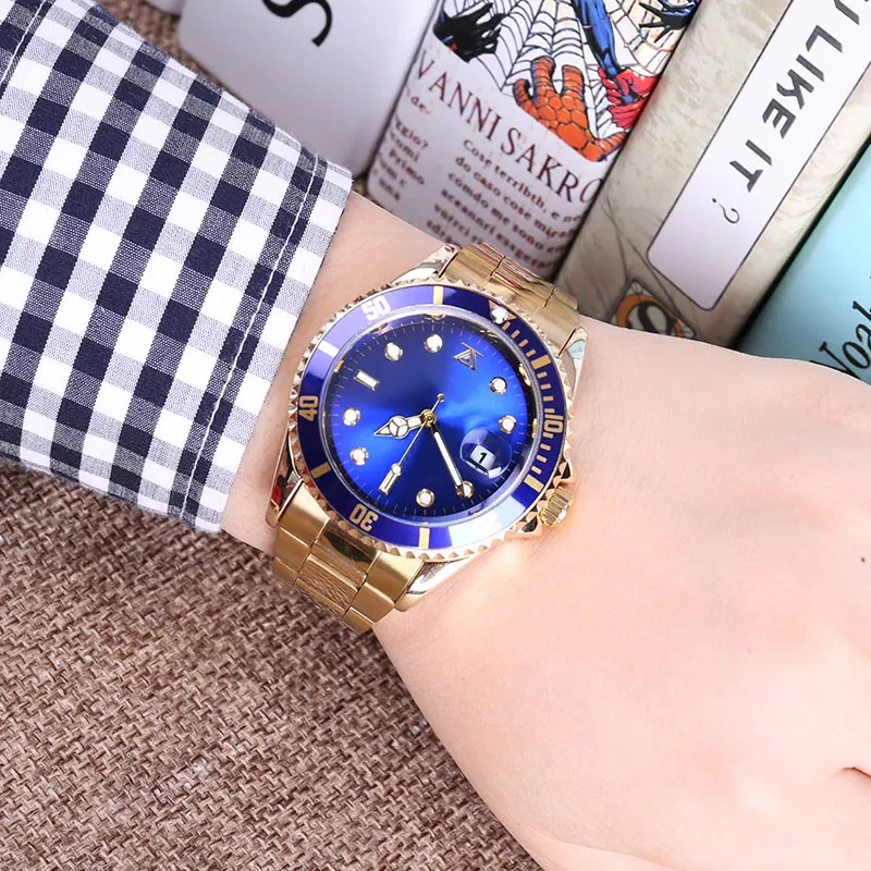 gold band blue Стальные мужские 30 м ролевые спортивные подарки для пары мужские wo Мужские Женские наручные часы для влюбленных браслет Rolexable relogio masculino - Цвет: gold band blue