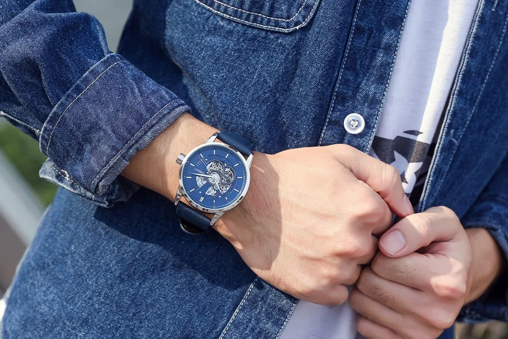 Роскошные модные автоматические механические кожаные мужские часы OUBAOER топ