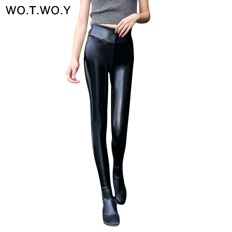 P7381Black WOTWOY, женские кожаные брюки с высокой талией, бархатные толстые женские штаны из искусственной кожи, обтягивающие теплые зимние узкие брюки-карандаш черного цвета - Цвет: P7381Black