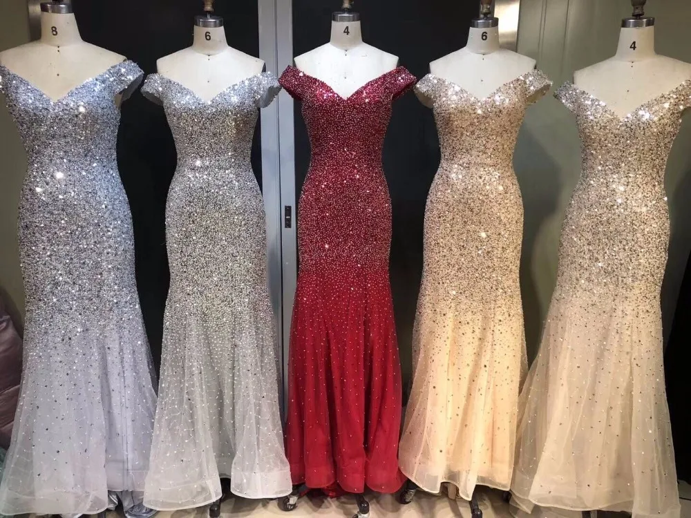 2018 In stock Sexy Mermaid Prom Dresses Short Sleeve Evening Dress Crystals New Design Amazing Party gown beading | Свадьбы и