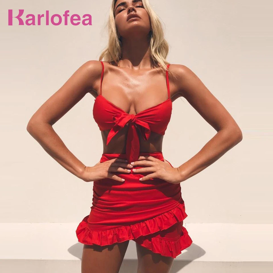 Karlofea женское платье с рюшами и лямкой на шее однотонное красное пляжное