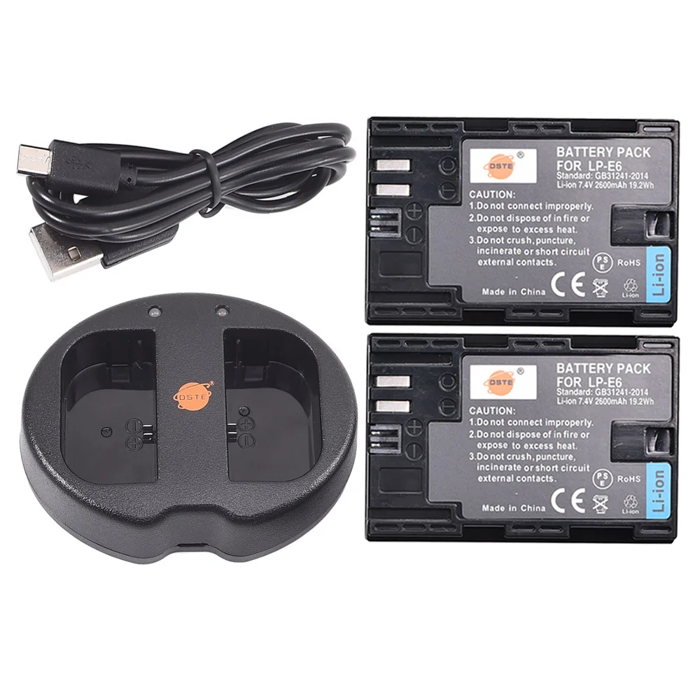 DSTE 2 шт. LP-E6 LP-E6N lp e6n батарея с двойным USB зарядное устройство для Canon EOS 5DSR, 5D Mark II, 5D Mark III, 6D, 7D, 60D, 60Da, 90D камеры