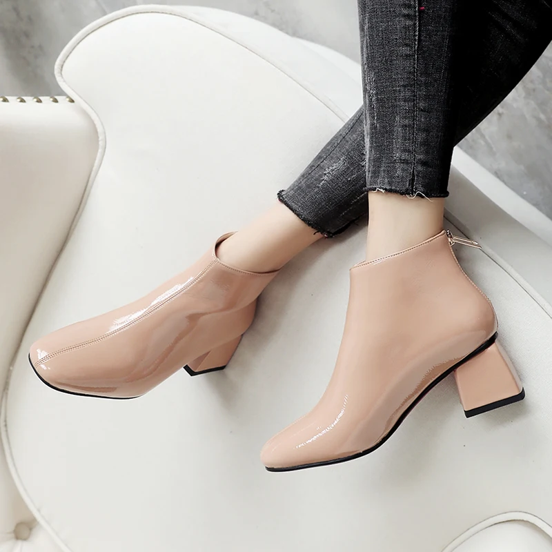 Gdgydh Spring Women Platform High Heels Boots Round Toe Autumn Women Comfortable Ankle Boots Patent Leather Women Shoes
