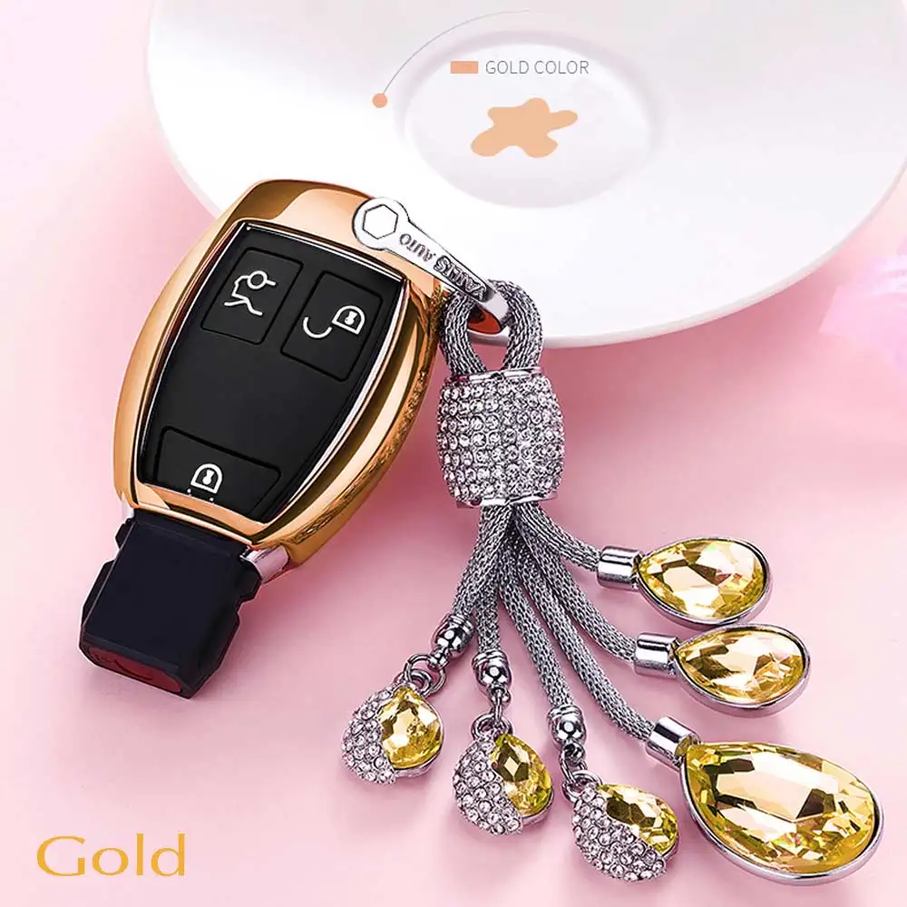Чехол для ключей TPU мягкий чехол для Mercedes Benz W203 W204 W211 CLK C180 E200 AMG C E S класс искусственный кристалл кулон брелок - Название цвета: Gold-Crystal