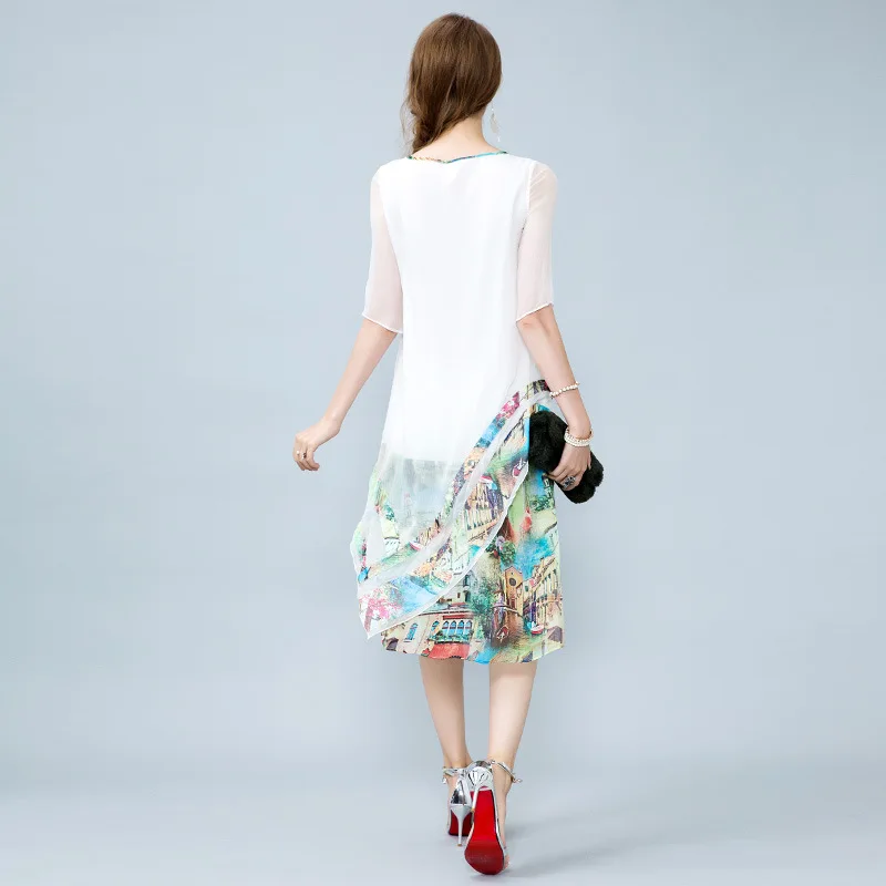 Women's Clothing Silk Dress Printing A-Line Half Sleeve O-Neck Fashion European Style Summer Elegant Slim Vestido 2017 | Женская