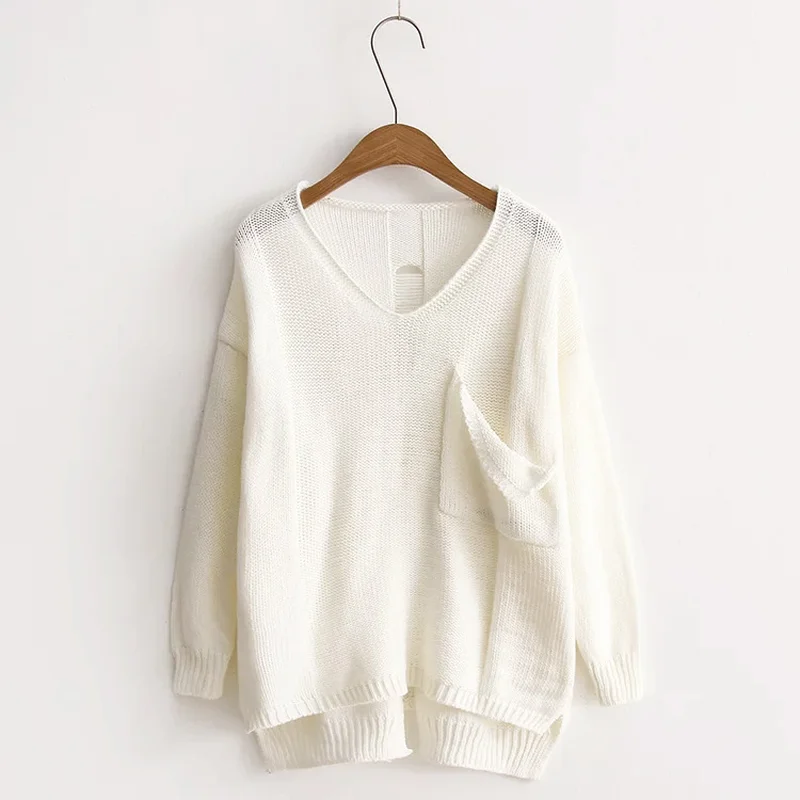 Casual V-neck Knitted Sweater Women Autumn Sweaters Pullover Female Pocket Side Split Jumper Pullovers | Женская одежда
