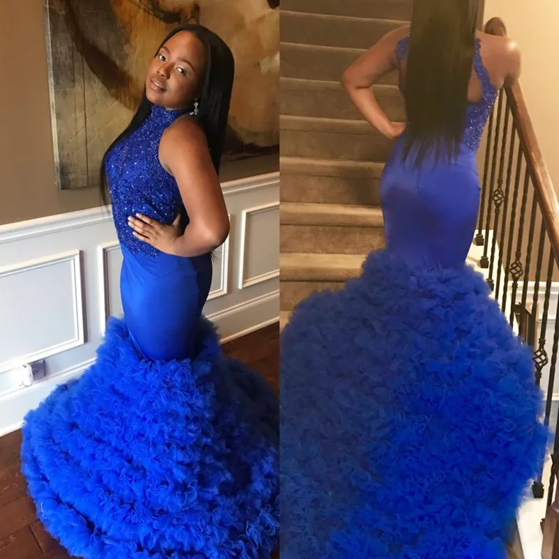 2017 Новая Мода Royal Blue Вечернее Платье Атласная С Аппликациями Русалка Халат Де