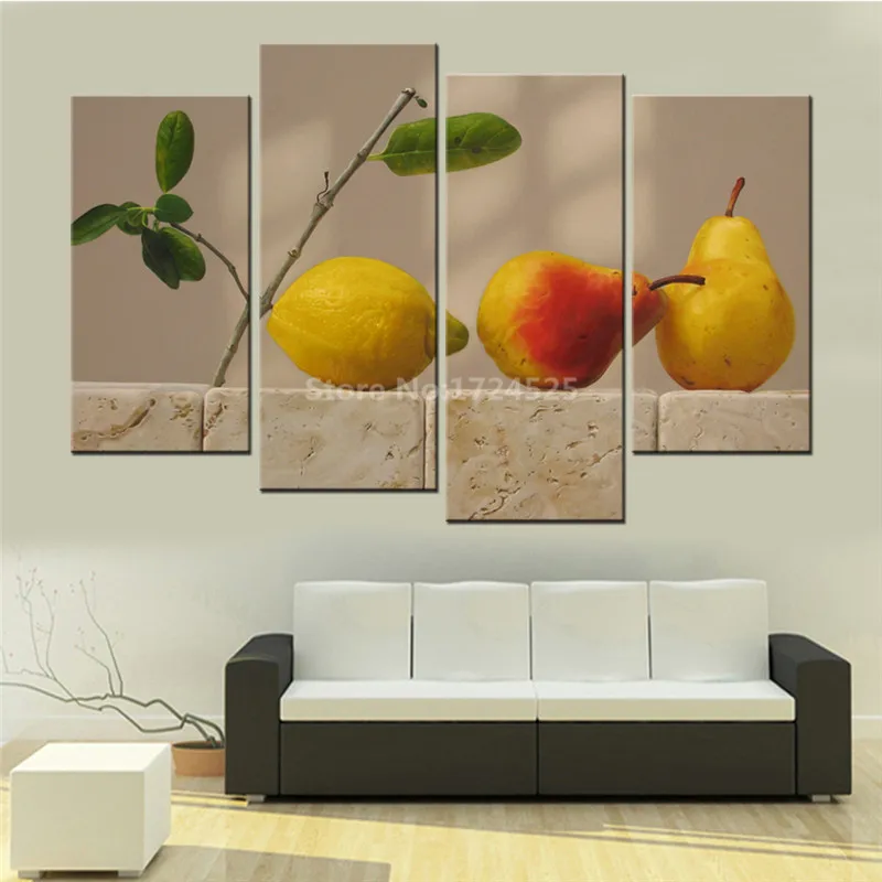 Прямая поставка 4 панели без рамки фрукты груши и лимон современный холст