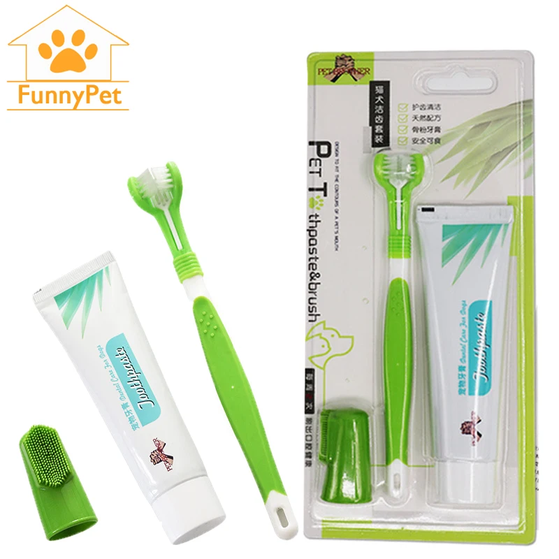 Набор для зубов собаки: зубная паста и зубная щетка Hot Puppy Teeth Brush Three Head Tartar Oral Care Tool Finger Back Up on.